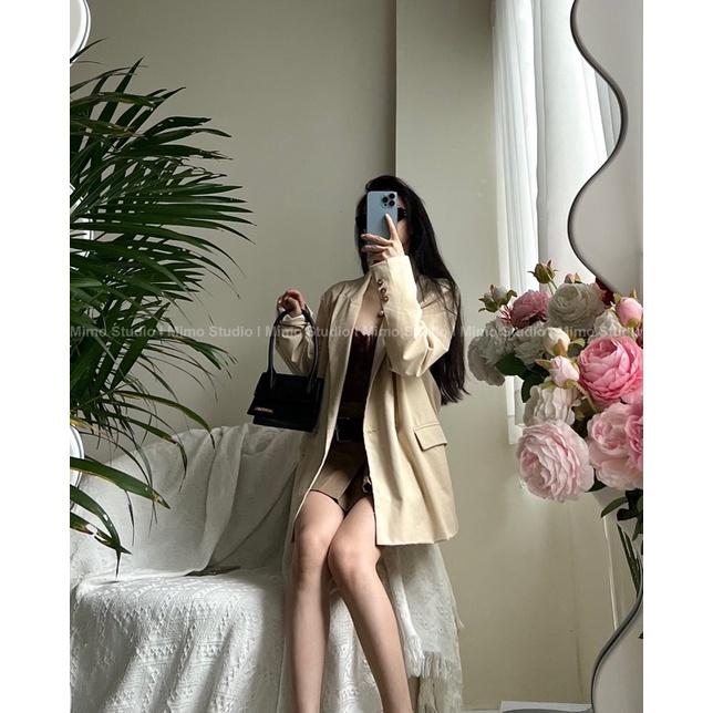 Bra corset lưng đan dây - Váy kaki nâu kèm belt