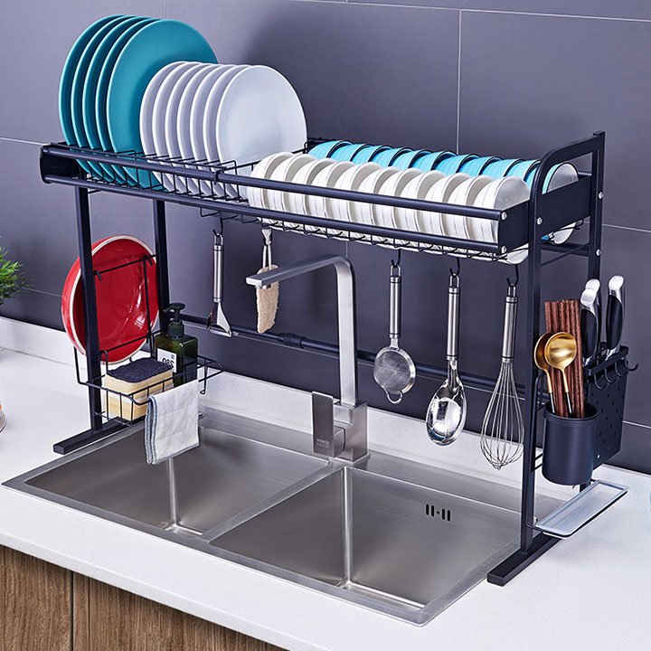 Kệ Úp Chén Bát Trên Bồn Rửa Điều Chỉnh Chiều Rộng Theo Diện Tích Sử Dụng - Giá Để Bát Inox Tặng Kèm Móc Treo Và Kệ Để Dao Đũa Thìa