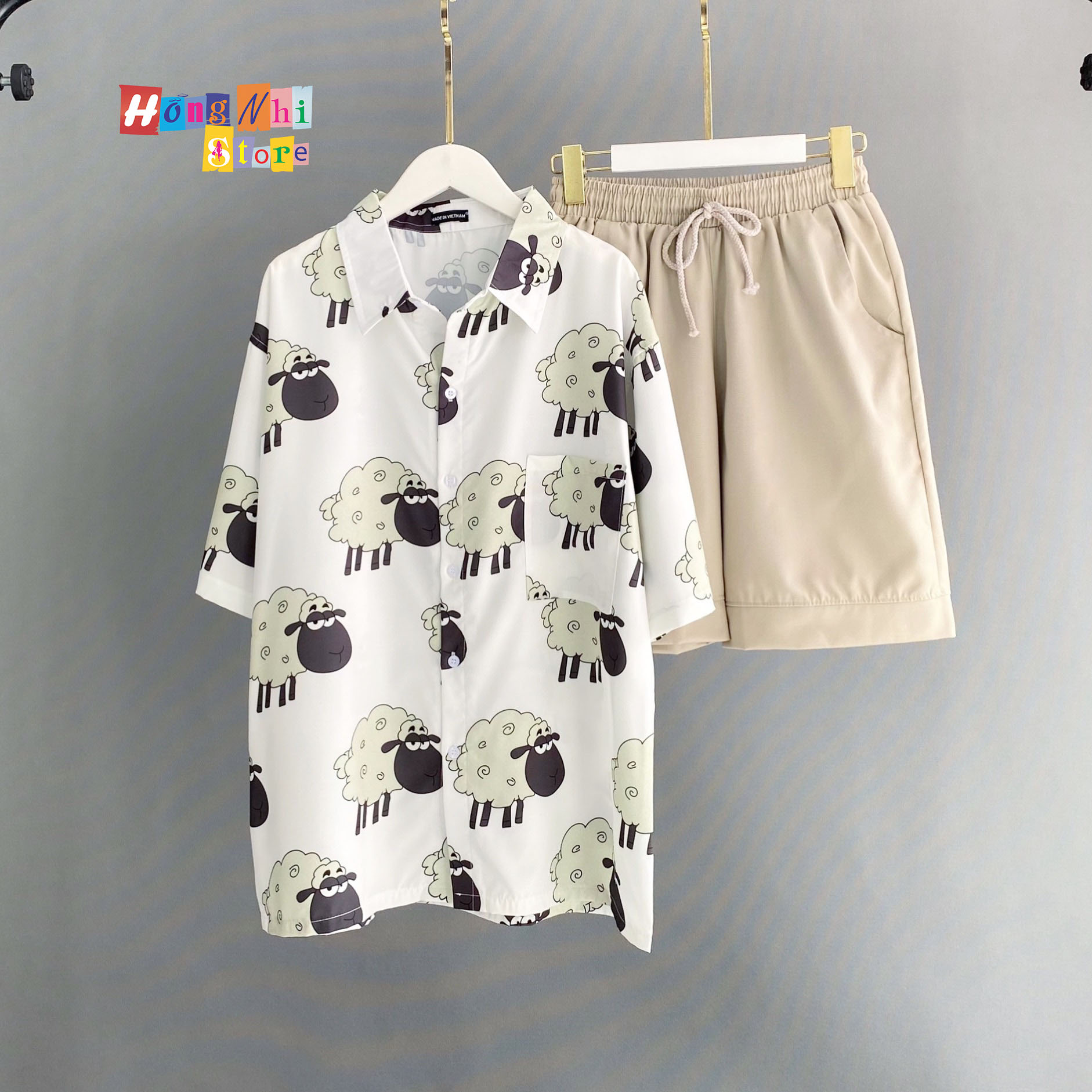 Áo Sơ Mi Hoạ Tiết Đi Biển Con Cừu Hoạt Hình Tay Lỡ Dáng Rộng Ulzzang Unisex - MM
