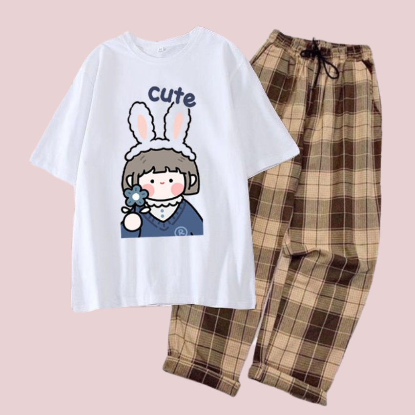 Sét Bộ Nữ SS17, Sét Đồ Nữ Đi Chơi Đẹp In Cô Gái Thỏ Dễ Thương,Sét Áo Vải Cotton, Hình In Sắc Nét Và Quần Kẻ Màu Cá Tính