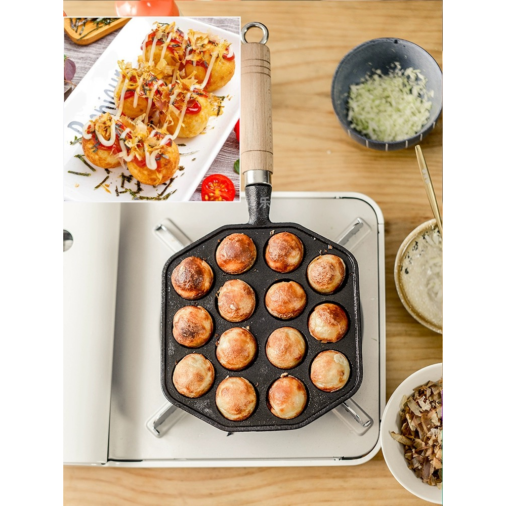 Chảo Gang Nướng Làm Bánh Takoyaki Nhật Bản 14 Lỗ Gang Đúc Nguyên Khối