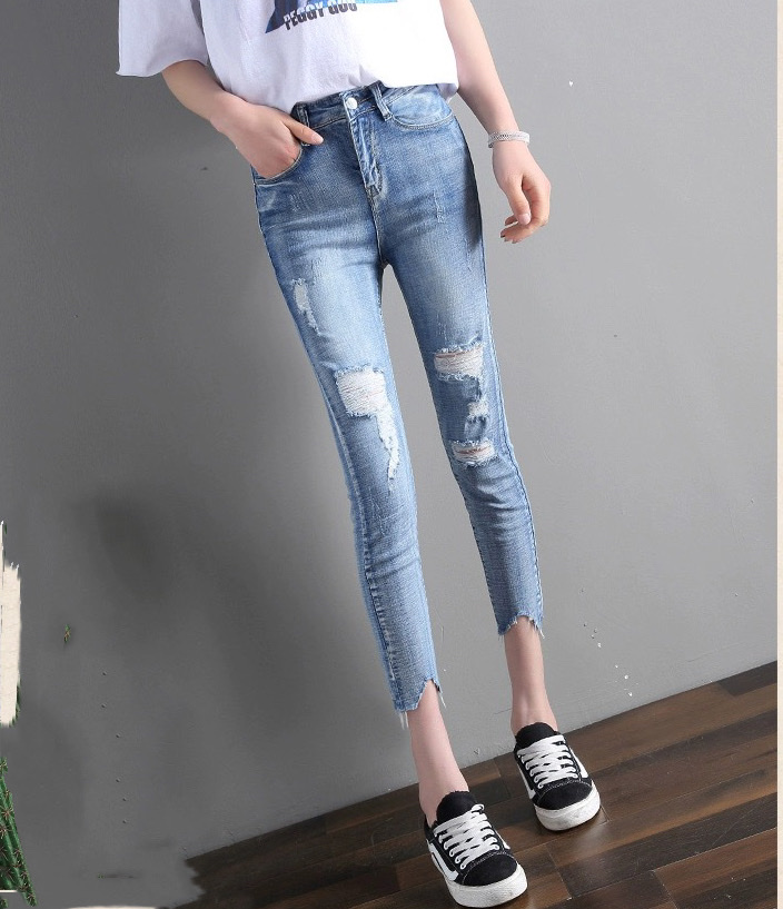 [SIZE ĐẠI 60kg~90kg] Quần jean dài 9 tấc BIG SIZE lưng cao, màu xanh nhạt, rách kiểu, co dãn mạnh 32566