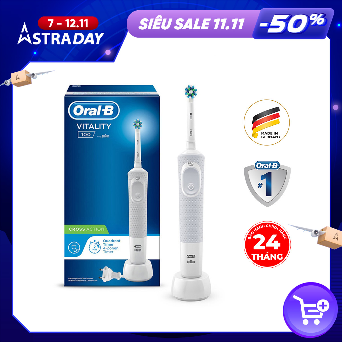 Bàn chải đánh răng điện Oral-B Vitality 100 CrossAction White D100.413.1