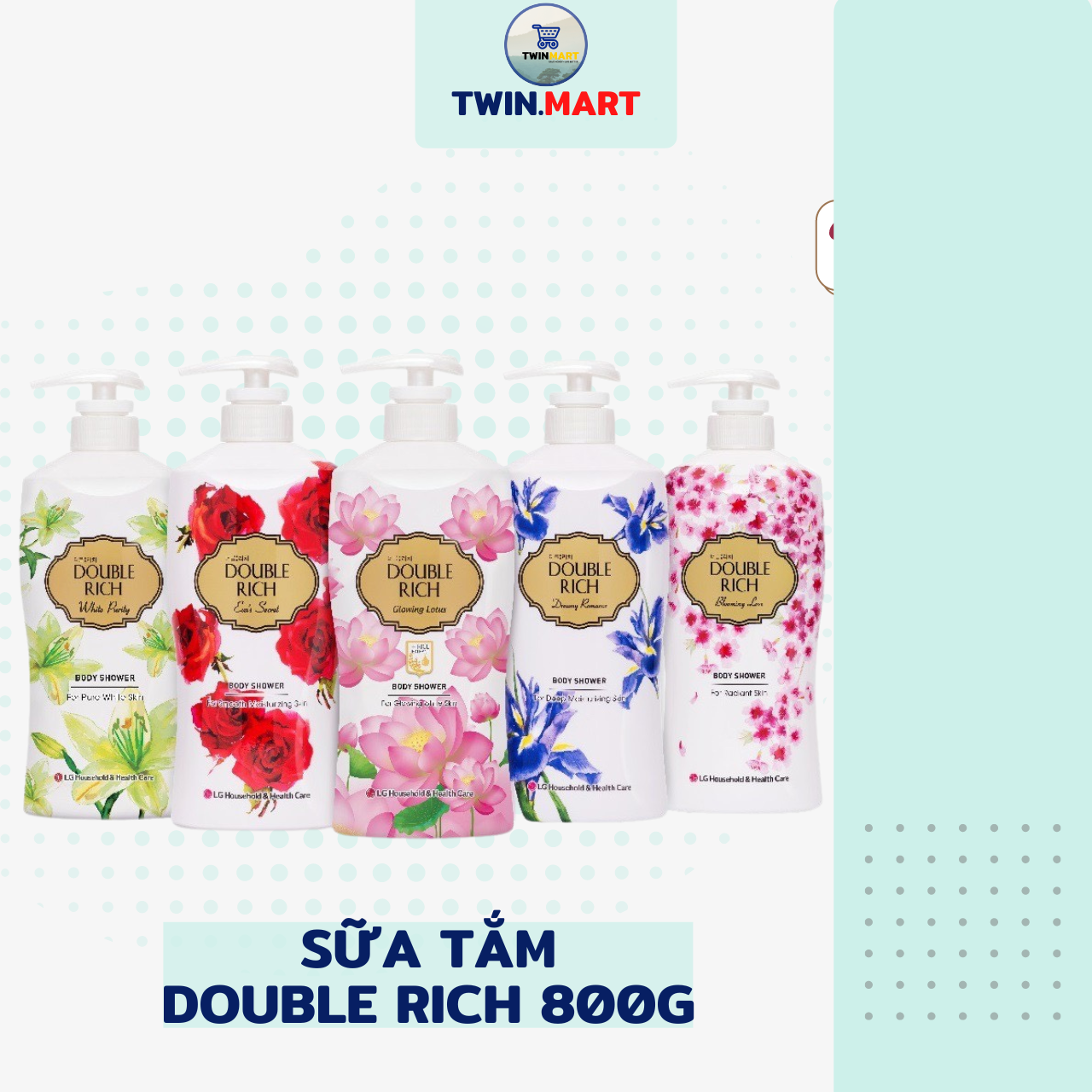 DATE XA 2024 Sữa Tắm Double Rich 800g - Hàn Quốc - Hoa hồng - Hoa anh đào - iris - lily - sen gạo