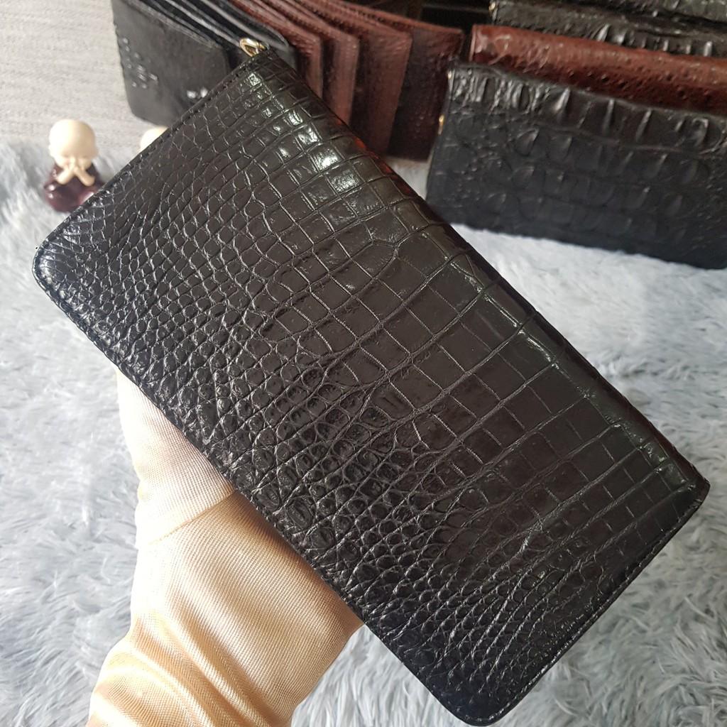 Ví Cầm Tay Cá Sấu Nữ/Nam | Ví Clutch Da Cá Sấu Da Bụng Một Khóa | Màu Đen | Da Nguyên Tấm