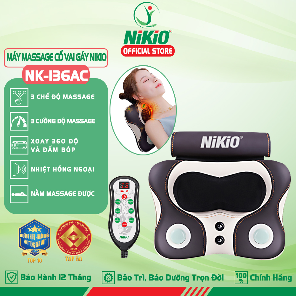 Máy (Gối) Massage Đấm Bóp Cổ Vai Gáy Nikio NK-136AC - Con Lăn 3D Xoa Bóp Chuyên Sâu Kết Hợp Hồng Ngoại Trị Liệu Đau Mỏi Cổ, Hỗ Trợ Mát Xa Lưng - Tặng Kèm Cáp Dùng Trên Ô Tô