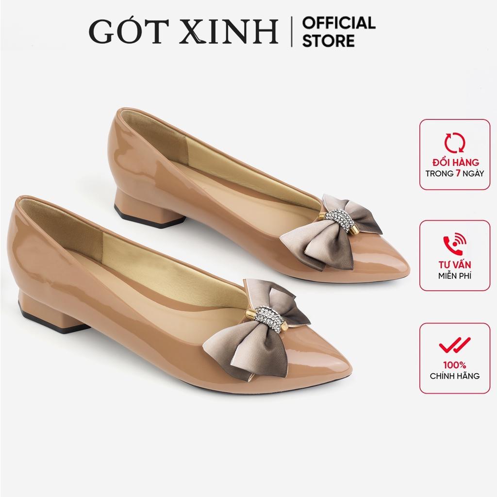 Giày cao gót bít mũi nữ GÓT XINH G18 da bóng phối nơ cao 3cm