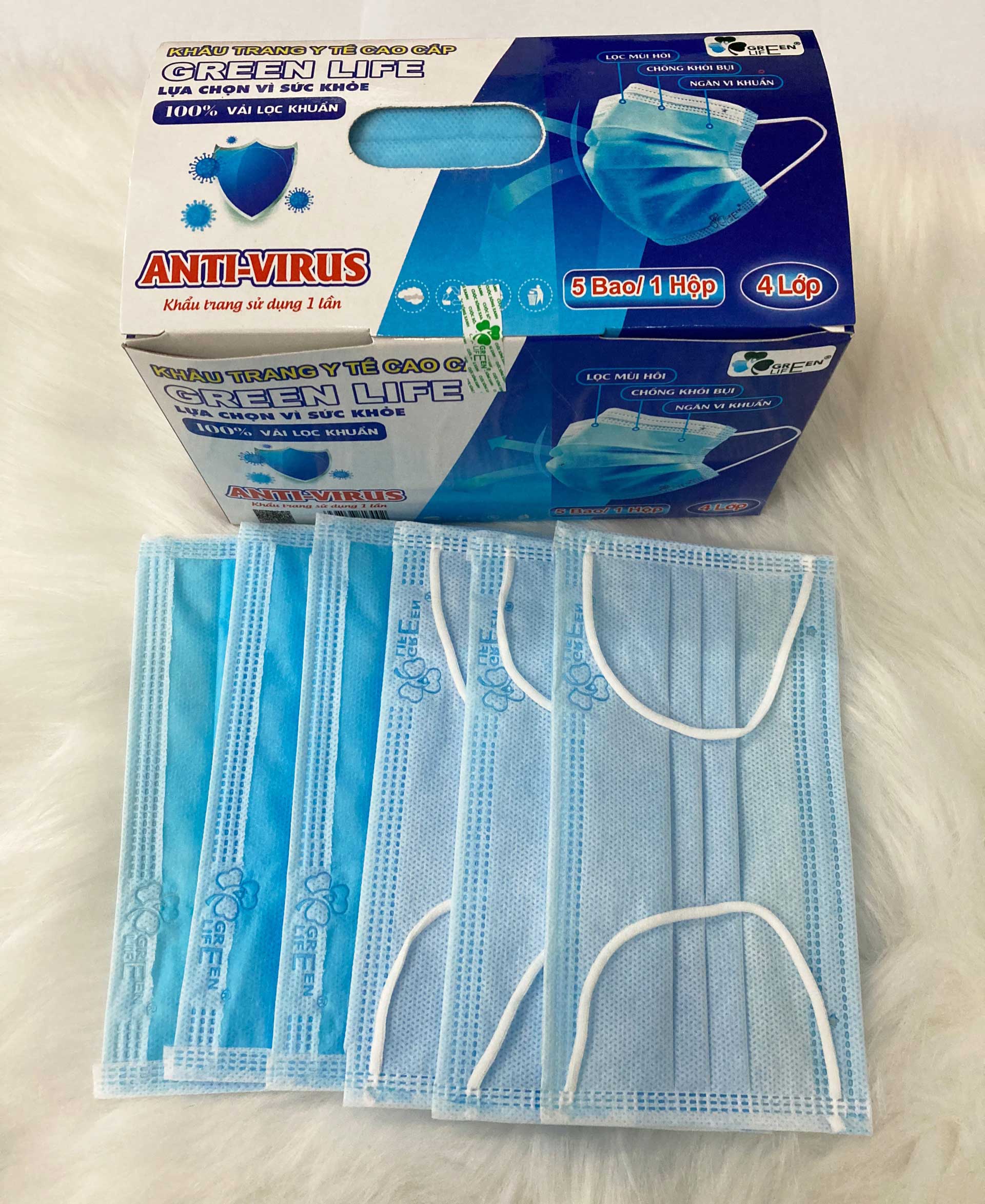 Khẩu trang y tế 4 lớp vải SMS kháng khuẩn GREEN LIFE SEN VIỆT đủ các màu xanh, trắng, xám, hồng, đen