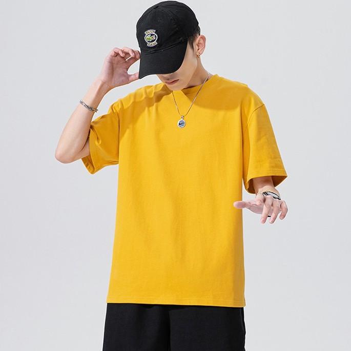 Áo Thun Nam Cổ Tròn Màu Cam Vải Cotton Co Giãn Trơn Basic Tay Ngắn Form Rộng