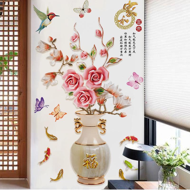 DECAL DÁN TƯỜNG BÌNH HOA SEN HỒNG CHIM ÉN CÁ CHÉP