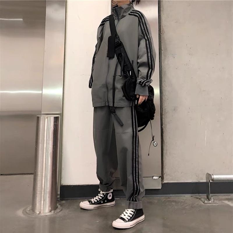 {Hottrend} Bộ Quần Áo Thể Thao 3 Sọc Dáng Rộng Phong Cách Hip Hop Hàn Quốc Thời Trang Thu Đông Cá Tính