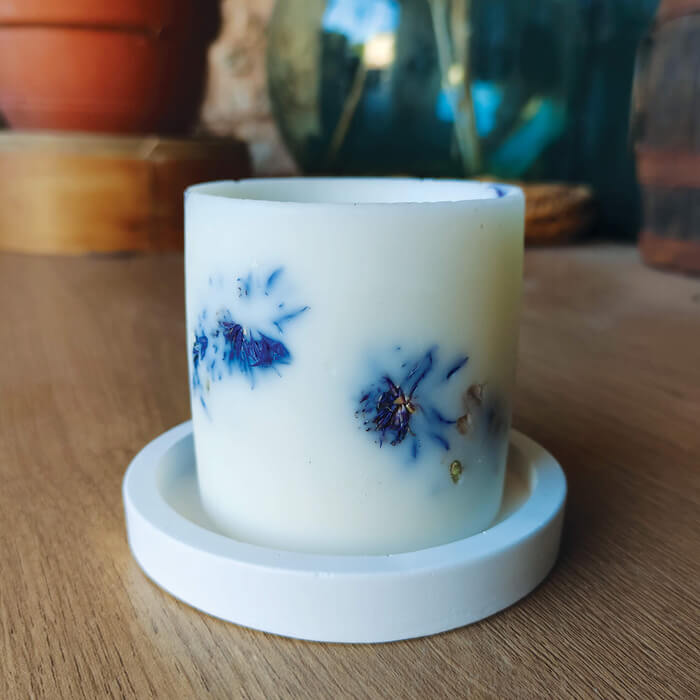 Bộ 3 sản phẩm: Đế đỡ nến + nến thơm sáp đậu nành hương cam Bergamot + tealight trang trí hoa thanh cúc