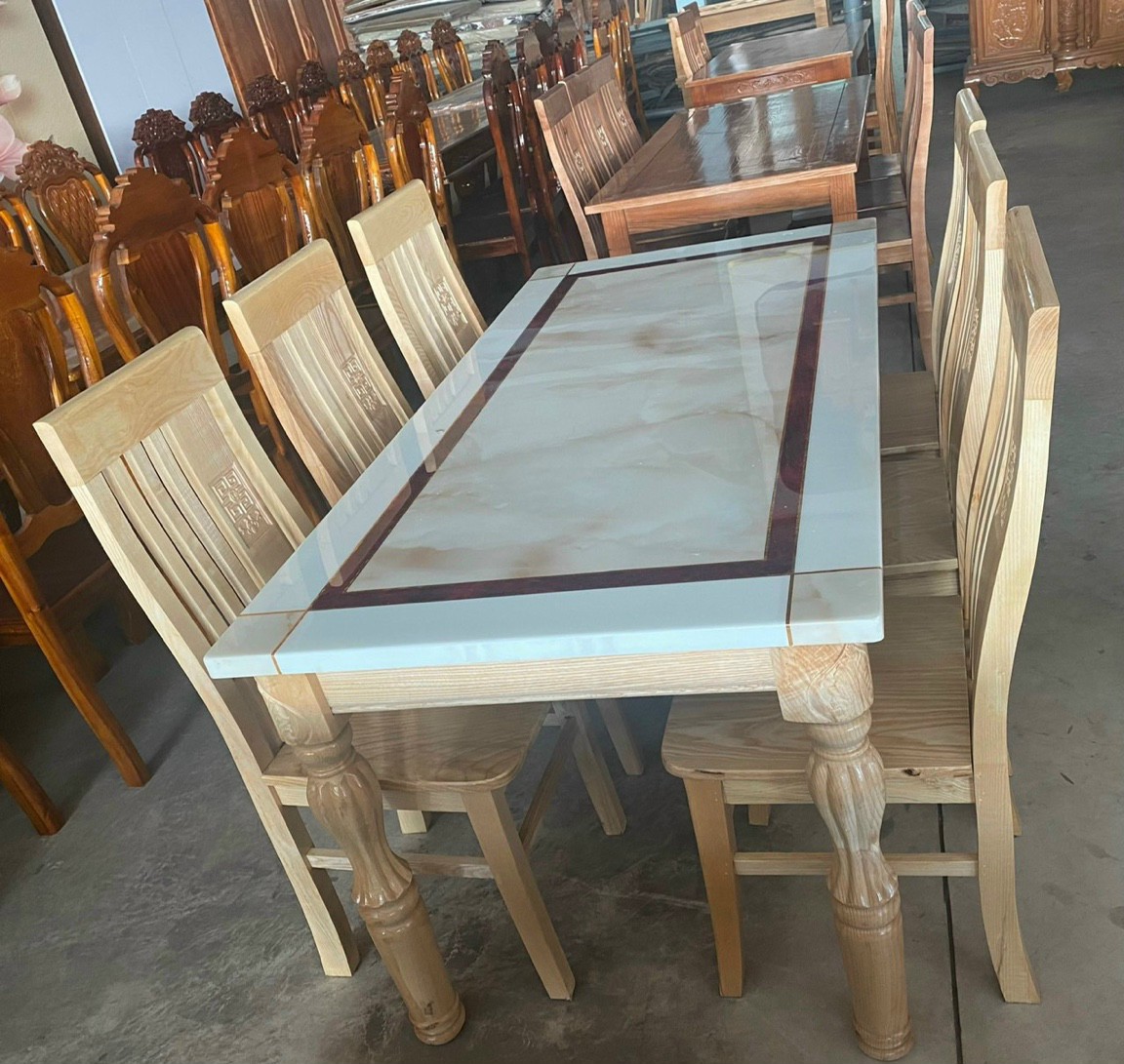 Bộ Bàn ăn gỗ sồi nga mặt đá 6 ghế hàng chuẩn xuất khẩu