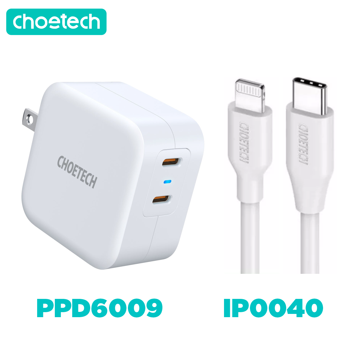 Bộ Củ Sạc Nhanh 40W 2 Cổng Type C 20W Cho iPhone iPad CHOETECH PD6009 Và Cáp Type C to Lightning IP0040 Chứng Nhận MFI Dài 1.2M - Hàng Chính Hãng