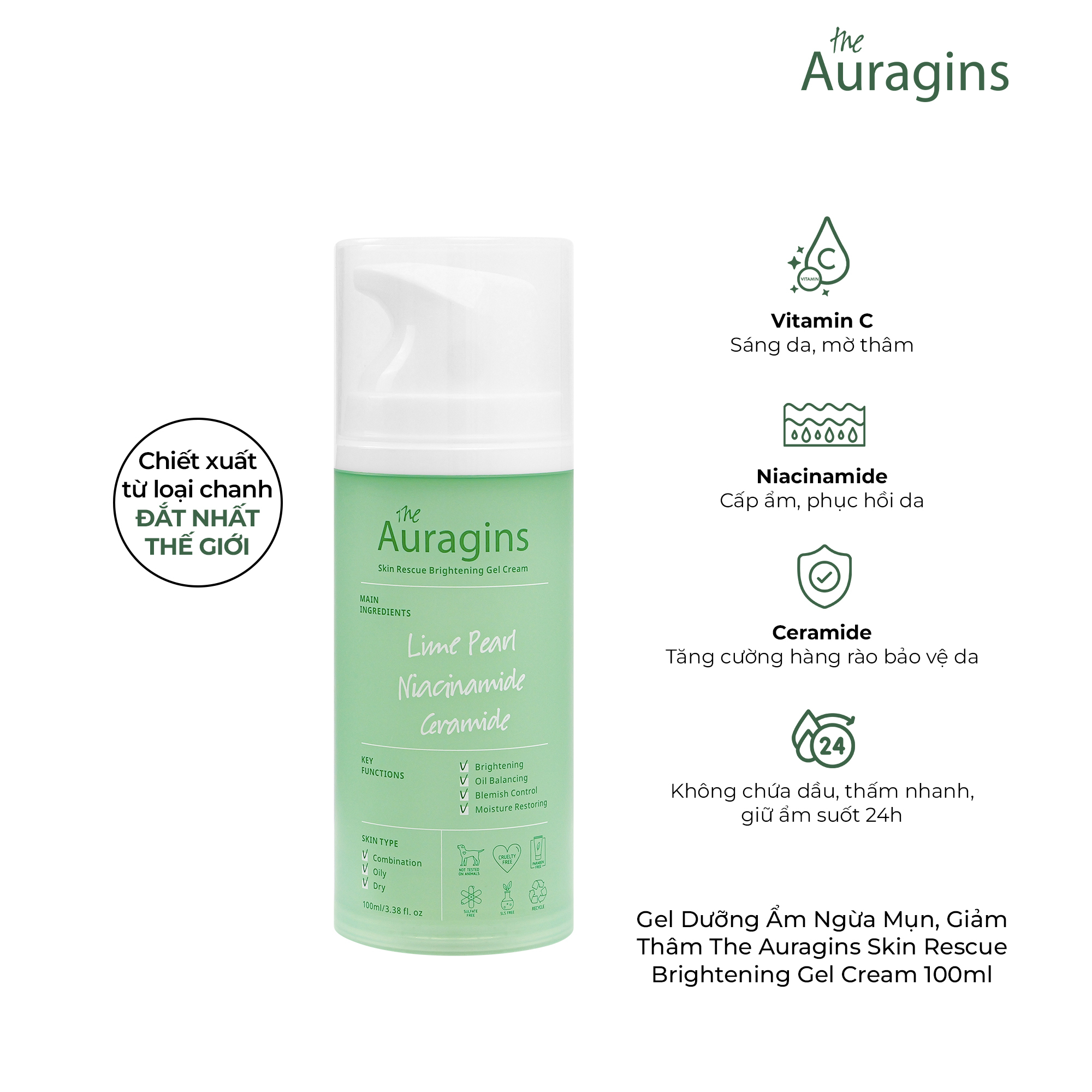 Gel dưỡng ẩm ngừa mụn, giảm thâm The Auragins Skin Rescue Brightening Gel Cream 100ml