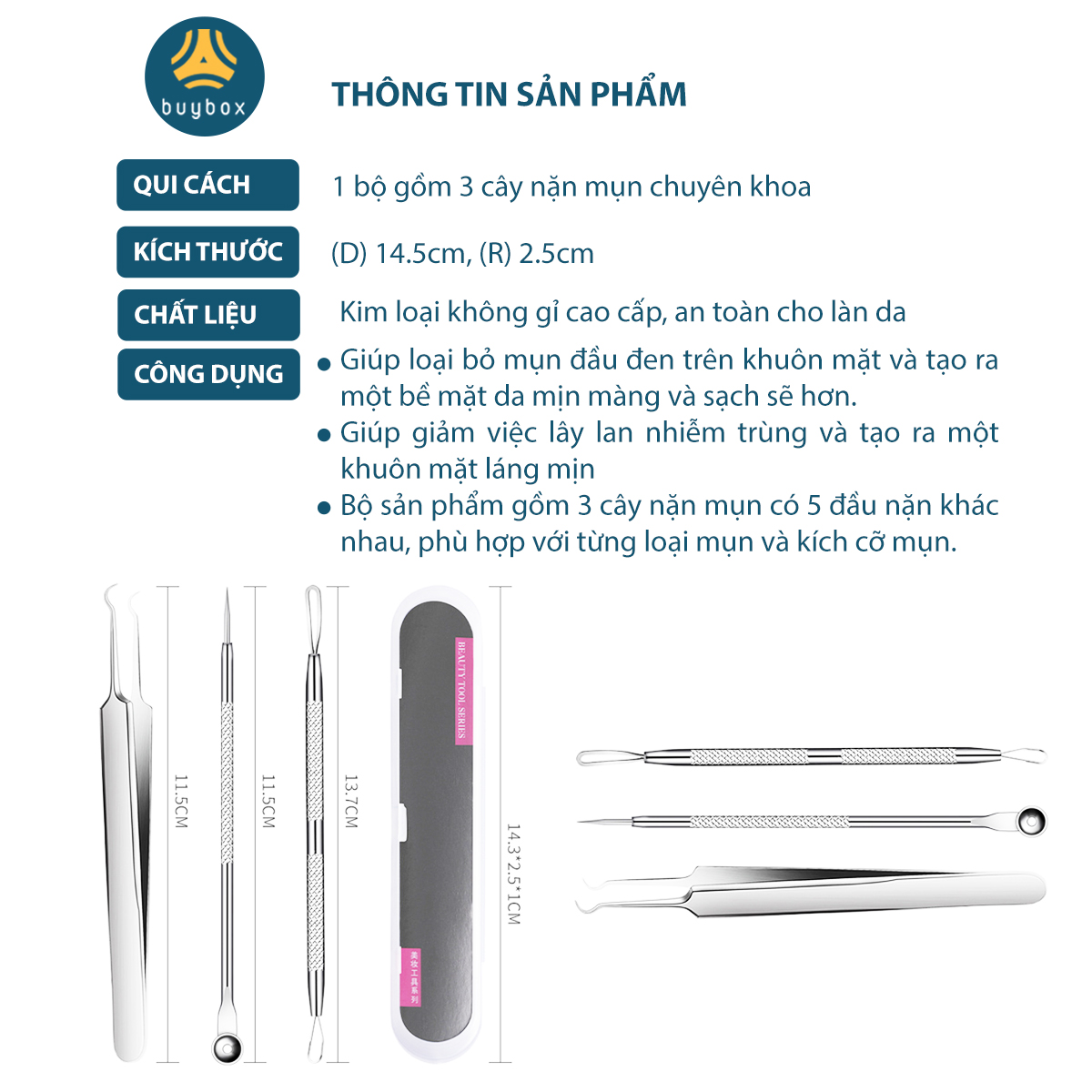 Bộ dụng cụ nặn mụn đa năng, 3 món đa dạng dễ dàng loại bỏ mụn cứng đầu, hộp nhựa chắc chắn dễ bảo quản - BuyBox - BBPK345