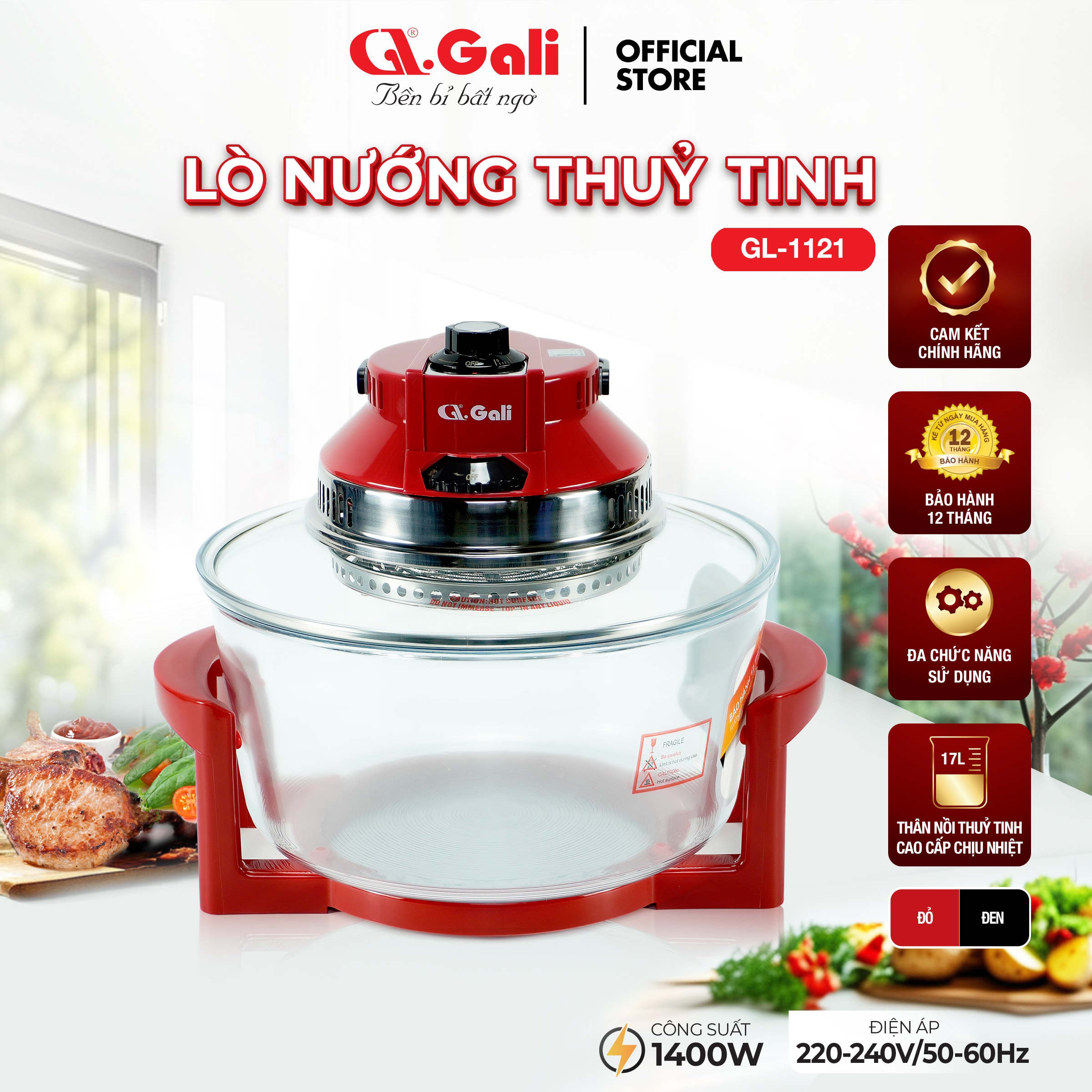 Lò nướng thủy tinh đa năng Gali GL-1121 17 lít 1300w, hàng chính hãng bảo hành 24 tháng, tặng kèm 5 phụ kiện tiện lợi, hàng chính hãng 100%, bảo hành 12 tháng Gali