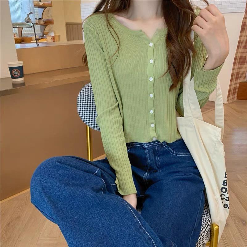 Áo khoác cardigan len nữ tay dài kiểu cổ V dệt kim len đũa xinh xắn phong cách Ulzzang hàng Quảng Châu cao cấp