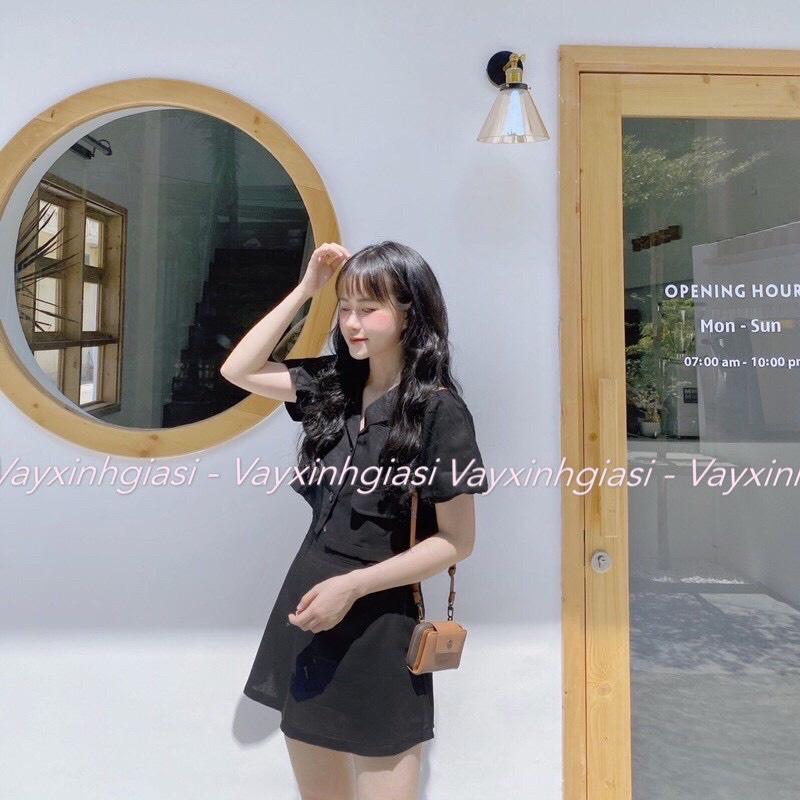 Set croptop áo sơmi cổ vest tay bồng kèm chân váy