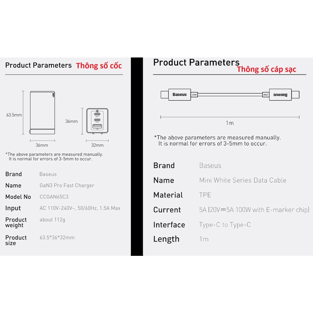Củ sạc nhanh 65W 3 cổng sạc (2C+U) chân xếp kèm cáp sạc Baseus Gan 3 Pro CCGAN65C3 _Hàng chính hãng