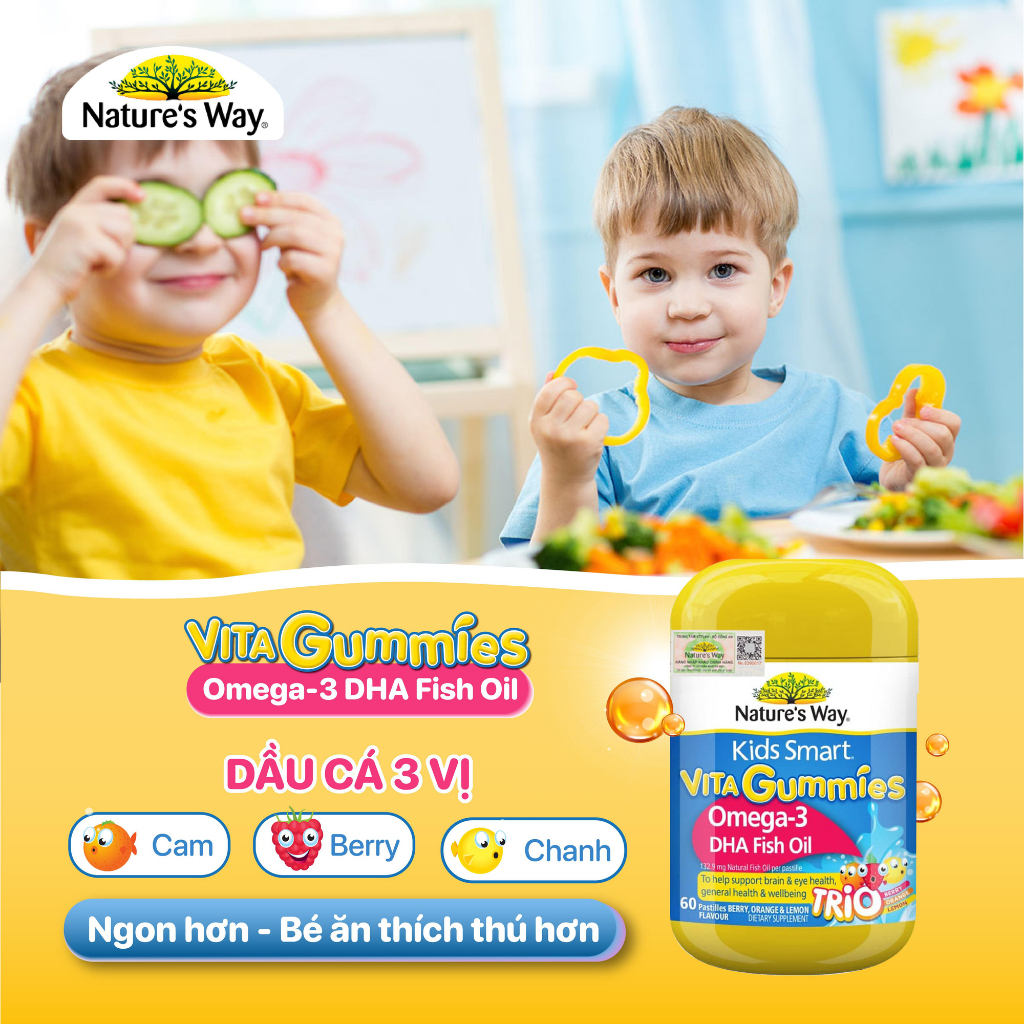 Kẹo Dẻo Omega 3 Nature's Way Kids Smart Vita Gummies Omega-3 DHA Fish Oil (Chai 60 Viên)