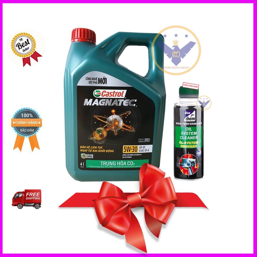 Dầu nhớt ô tô tổng hợp toàn phần Castrol Magnatec 5W-30 API SP/CF Can 4L+Súc rửa động cơ Bluechem