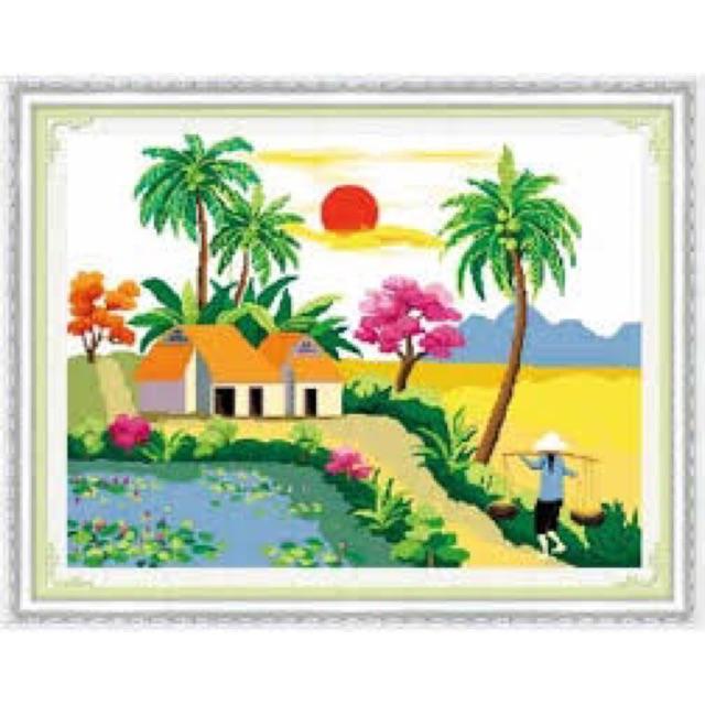 Tranh thêu chữ thập phong cảnh làng quê kt 85x66 cm THÊU KÍN