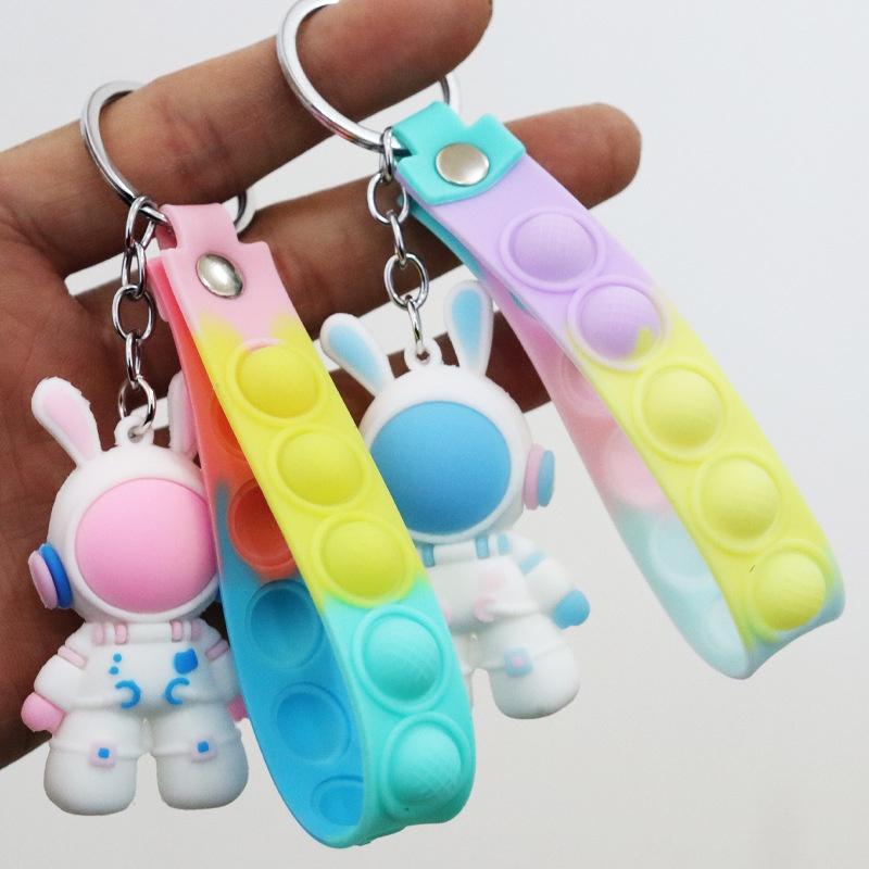 Móc khóa thỏ phi hành gia popit, móc khóa cute thư giãn khoen tròn