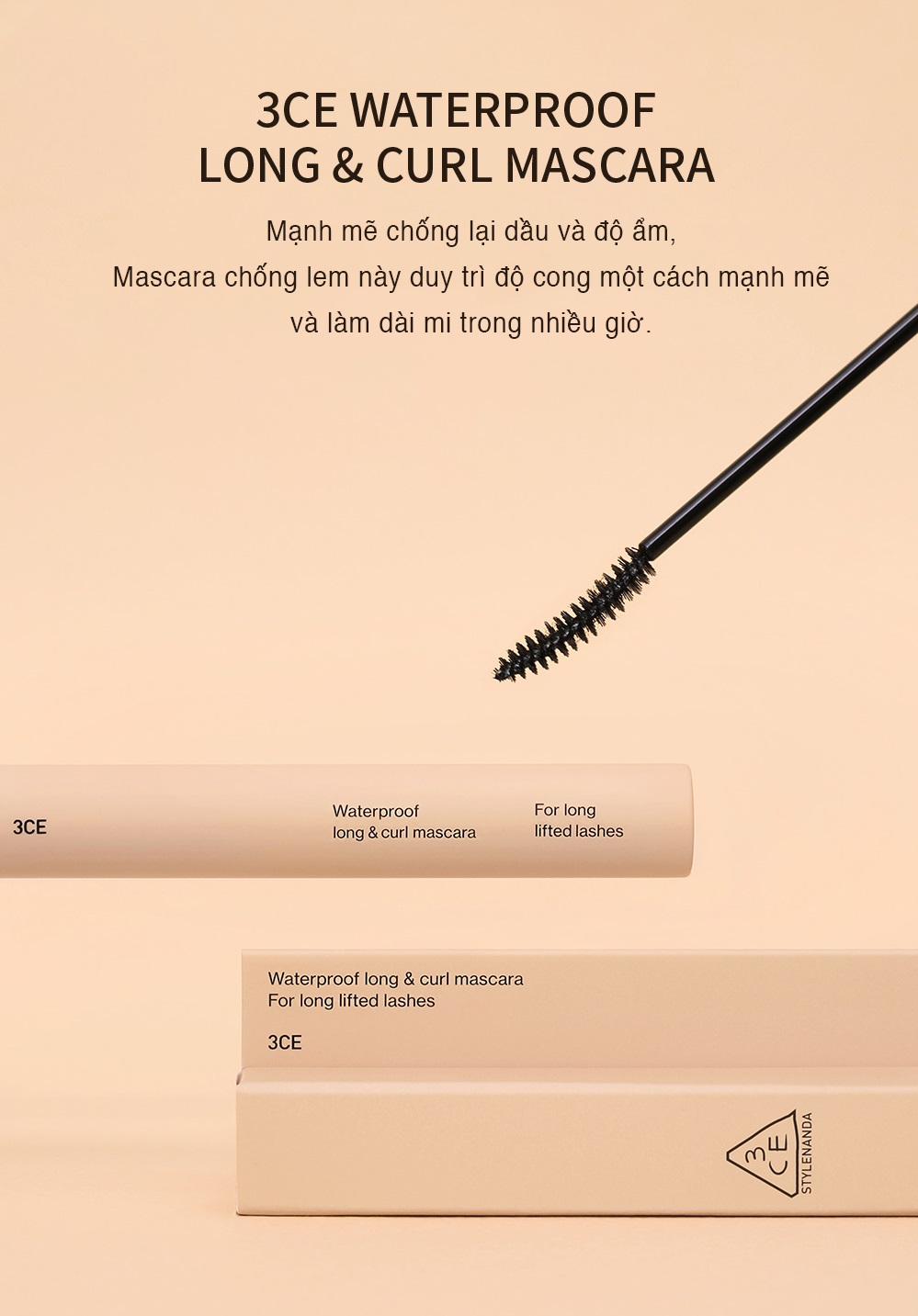 Mascara 3CE WATERPROOF LONG &amp; CURL MASCARA #BLACK Chống Lem, Duy Trì Độ Cong, Làm Dài Mi Trong Nhiều Giờ