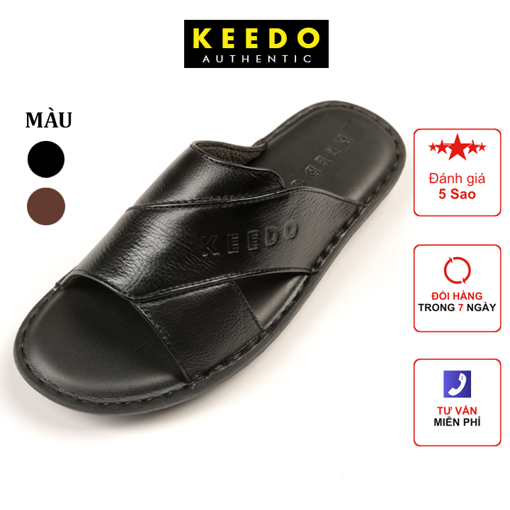 Dép nam đế may sẵn da bò quai ngang cao cấp KEEDO KD4077