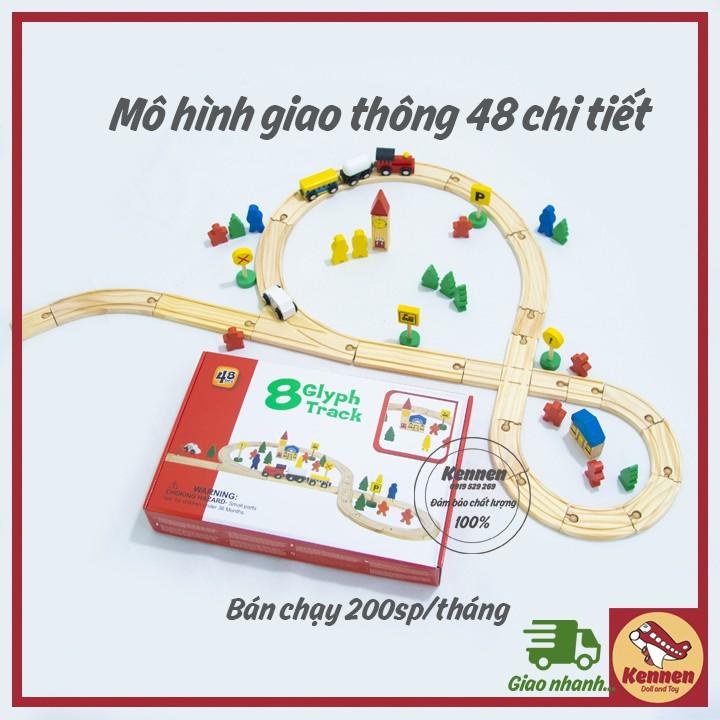 Bộ mô hình lắp ráp ray gỗ cao cấp 48 pcs có kèm sẵn 4 xe bằng gỗ (không sử dụng pin) và nhiều chi tiết phụ