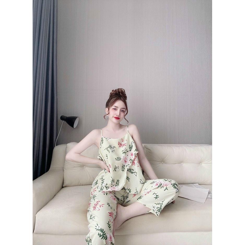 Sét đồ ngủ lụa hàn 2 tà quần dài dễ thương Đồ bộ giá rẻ Freesize