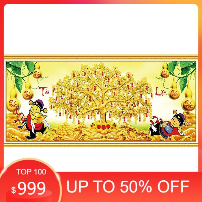 Tranh Đính Đá CÂY TIỀN TẤN TÀI TẤN LỘC . Kích Thước: 1m2 x 50cm
