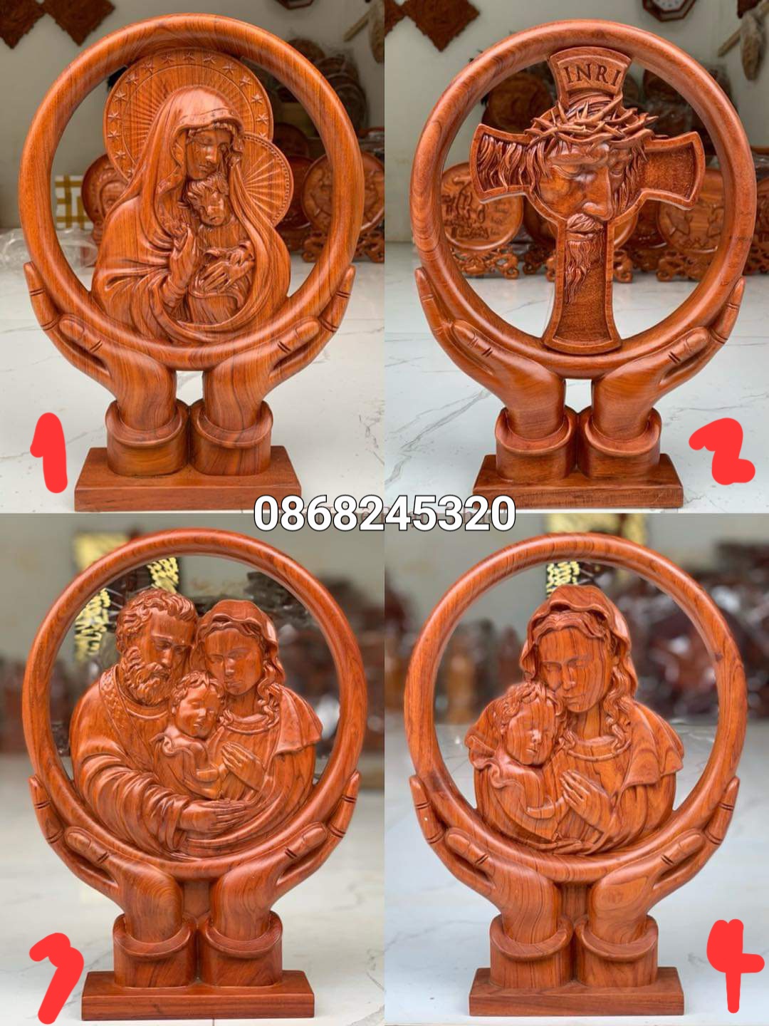 Tượng vòng tay công giáo bằng gỗ hương đá kt 29×20×3cm