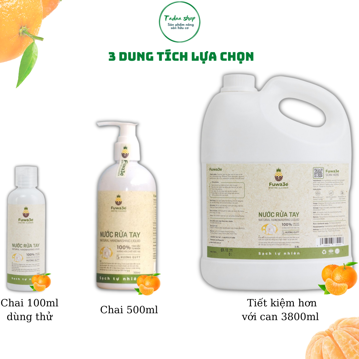 Nước rửa tay sinh học Fuwa3e hương tinh dầu quýt làm mềm và chống lão hóa da taychai 300ml