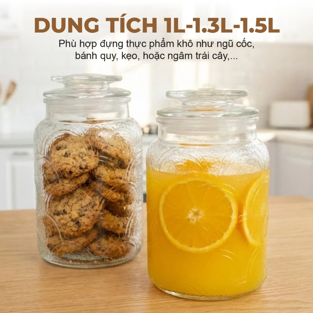 Bộ 3 Hũ Thủy Tinh Đựng Thực Phẩm Lê Bên Làng LBL1210, Nắp Kín, Hoa Văn, Dung Tích 1L, 1.3L, 1.5L