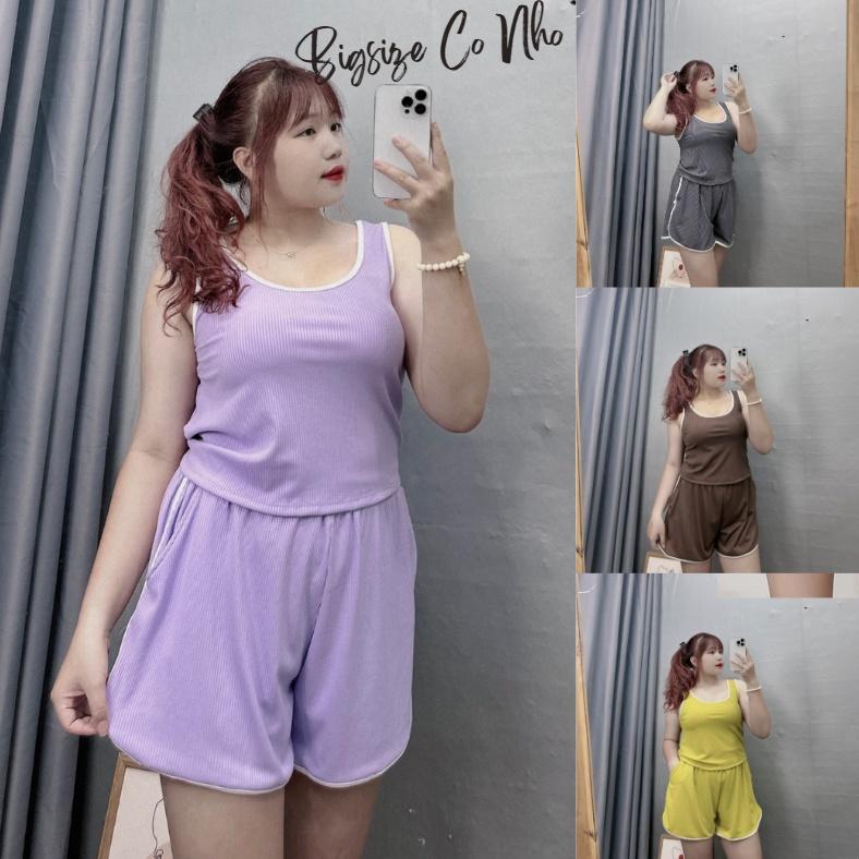 Set bigsize áo ba lỗ viền kèm quần đùi thun chất gân tăm co giãn, Quần short áo thun BIGSIZE CÔ NHỎ- SET33