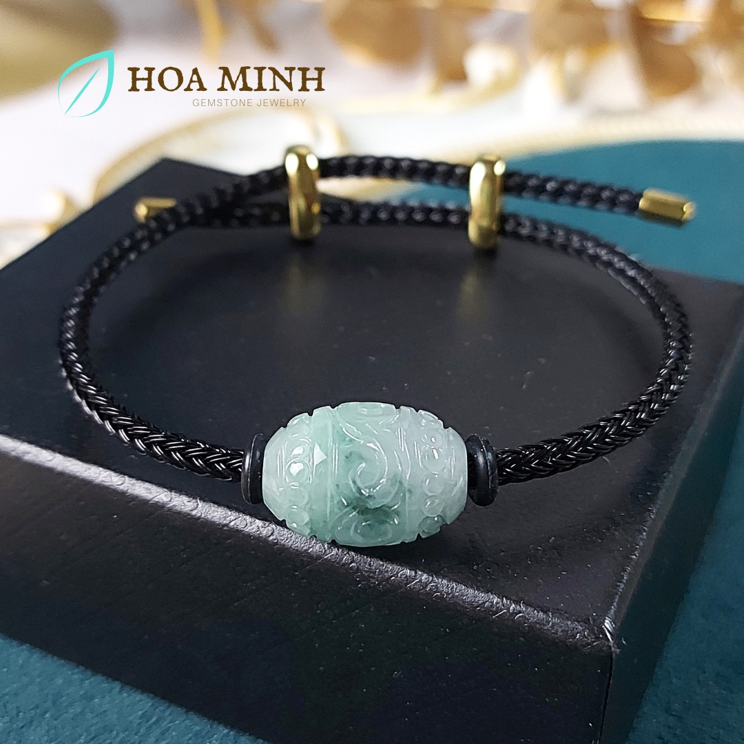 Vòng dây cáp phối lu thống Cẩm Thạch hoa bay chạm vân mây size 12x17mm phong thủy may mắn