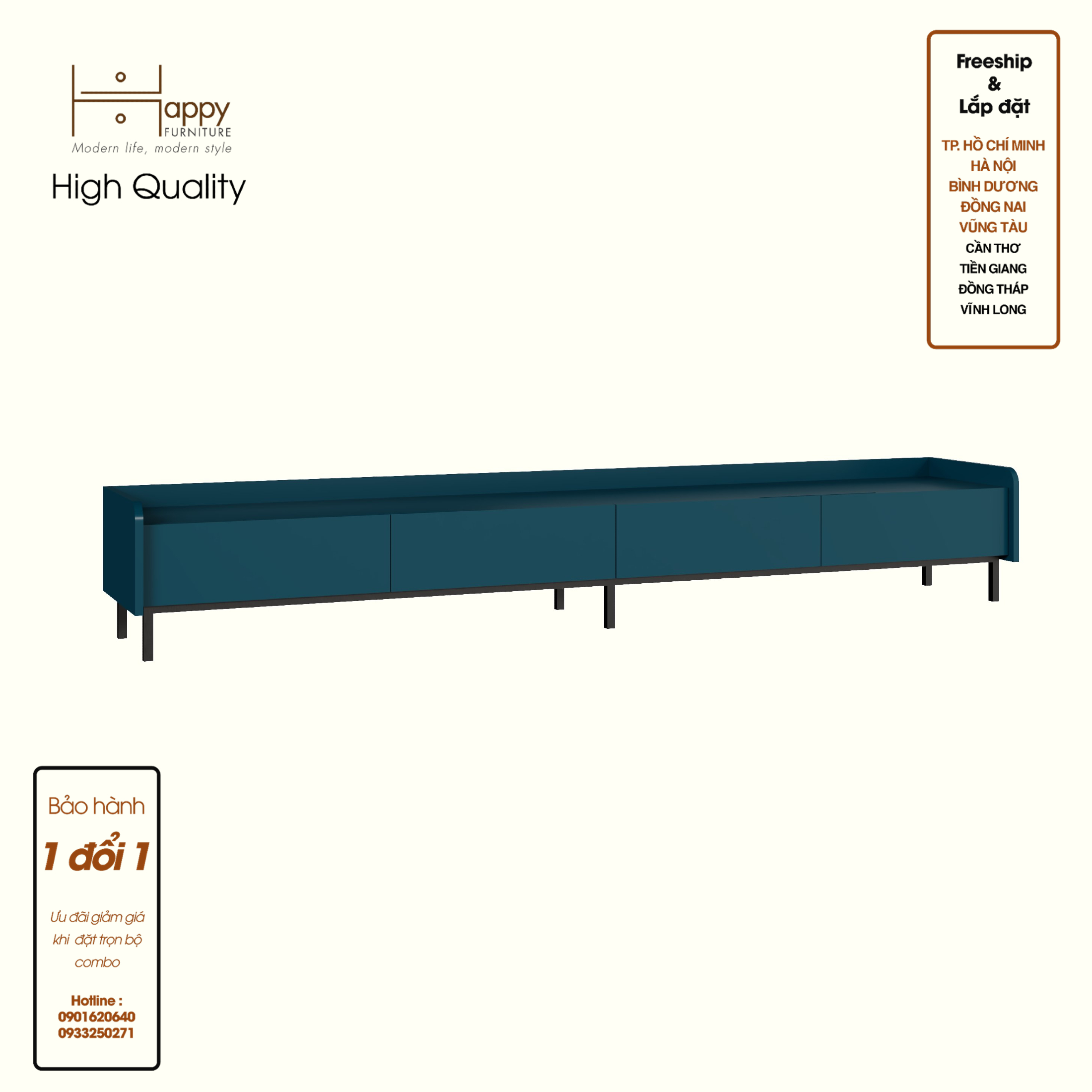 LAVIA, Kệ TV 4 ngăn kéo - chân sắt, 220cm x 40cm x 34cm , KTV_045