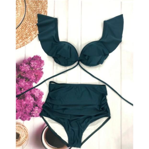 freeship Bikini, bộ bơi áo gọng cánh tiên, quần cạp cao nhún màu xanh két, che khuyết điểm EVA SHOP