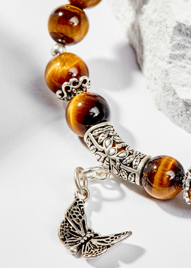 Vòng Tay Phong Thủy Nữ Đá Mắt Hổ Vàng Nâu Phối Charm Bướm Bạc Mệnh Thổ, Kim Ngọc Quý Gemstones