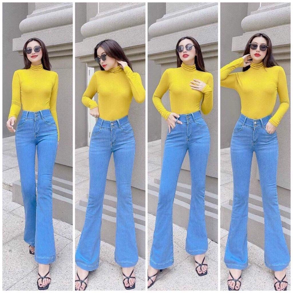 Quần Jeans Ống Loe Nữ Lưng Siêu Cao Co Giãn