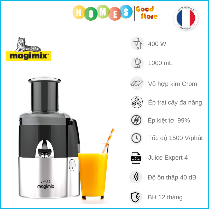 Máy Ép Chậm Magimix Juice Expert 4 - Nhập Đức Cao Cấp Kết Hợp Vắt Cam Làm Lạnh, Thái Lát Rau Củ Quả Lọc Cặn Cực Sạch Dung Tích 1000 ML Công Suất 400W - Hàng Nhập Khẩu