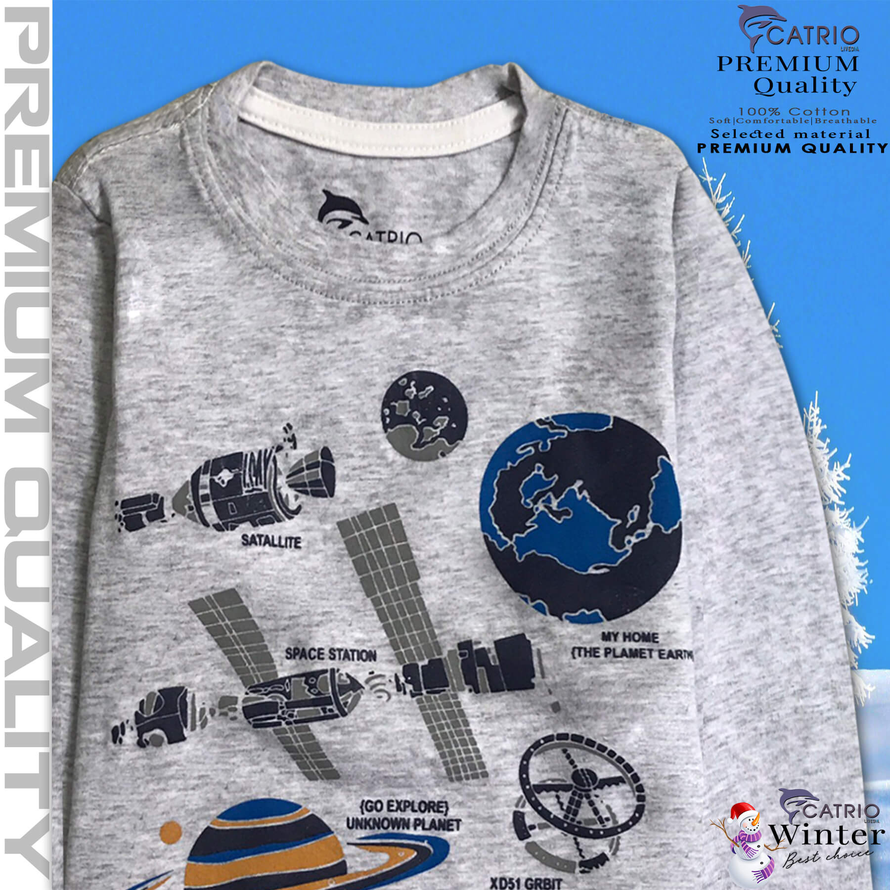 ÁO THUN DÀI TAY BÉ TRAI CATRIO in SPACE TRÁI ĐẤT màu XÁM là áo phông tay dài trẻ em từ 8kg 10kg 12 kg .. 30kg (8 tuổi) cổ tròn vải dệt kim co giãn 4 chiều + quần dài cotton thành bộ đồ thu đông cho bé rất đẹp