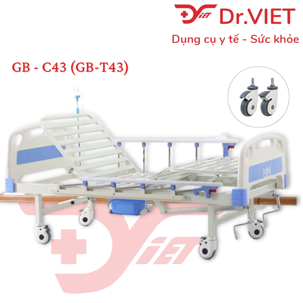 Giường bệnh nhân có bô 3 tay quay GB-C43 (GB-T43) chính hãng 100% có bô vệ sinh phù hợp với người bệnh, người già và người bị liệt