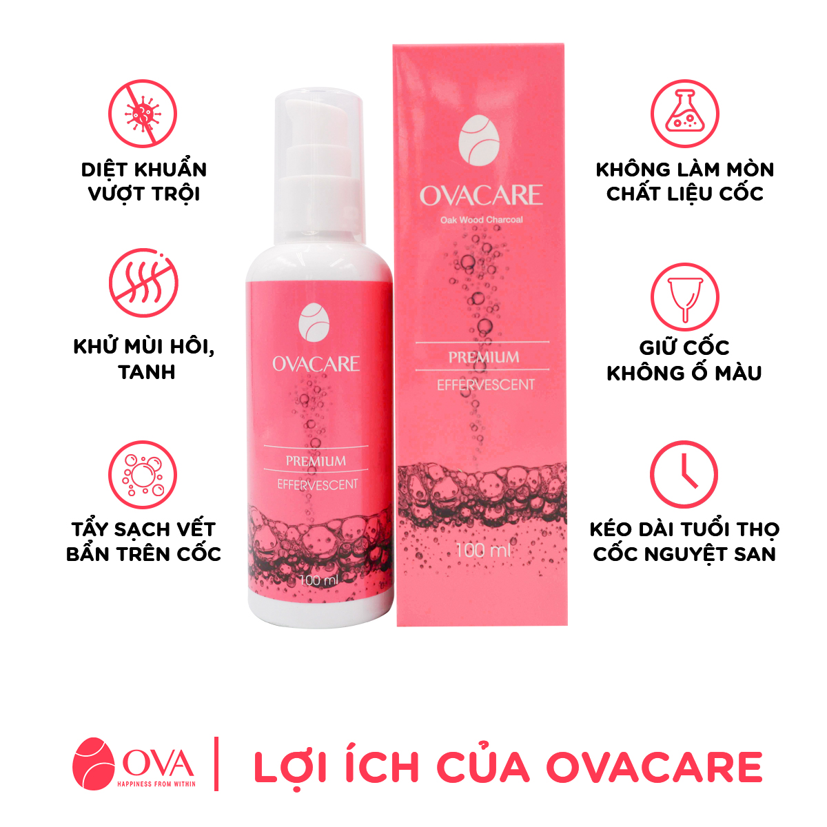 Dung dịch vệ sinh cốc nguyệt san OvaCare chứa than hoạt tính giúp ngăn ngừa vi khuẩn, tiệt trùng, khử mùi (150ml)