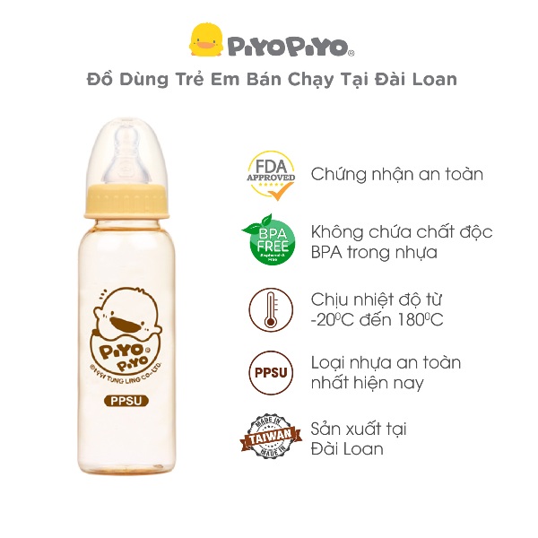 Bình sữa cổ tiêu chuẩn Piyo Piyo 240ml nhựa PPSU chịu nhiệt tới 180 độ, núm ty chống đầy hơi