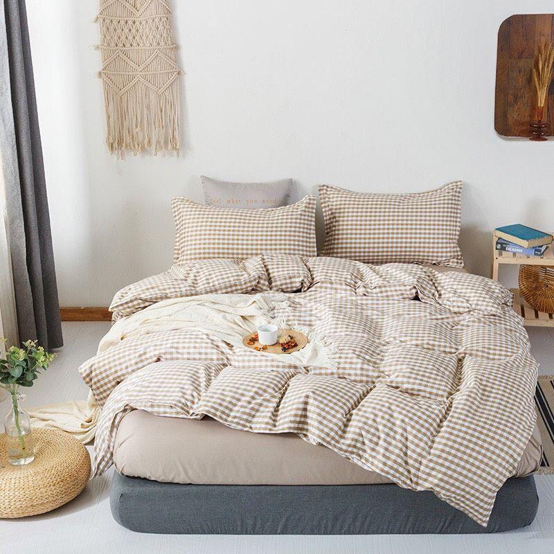 Bộ chăn ga gối caro be Cotton Poly cao cấp LEEBedding, chăn ga Hàn Quốc, miễn phí bo chun drap ga giường theo yêu cầu