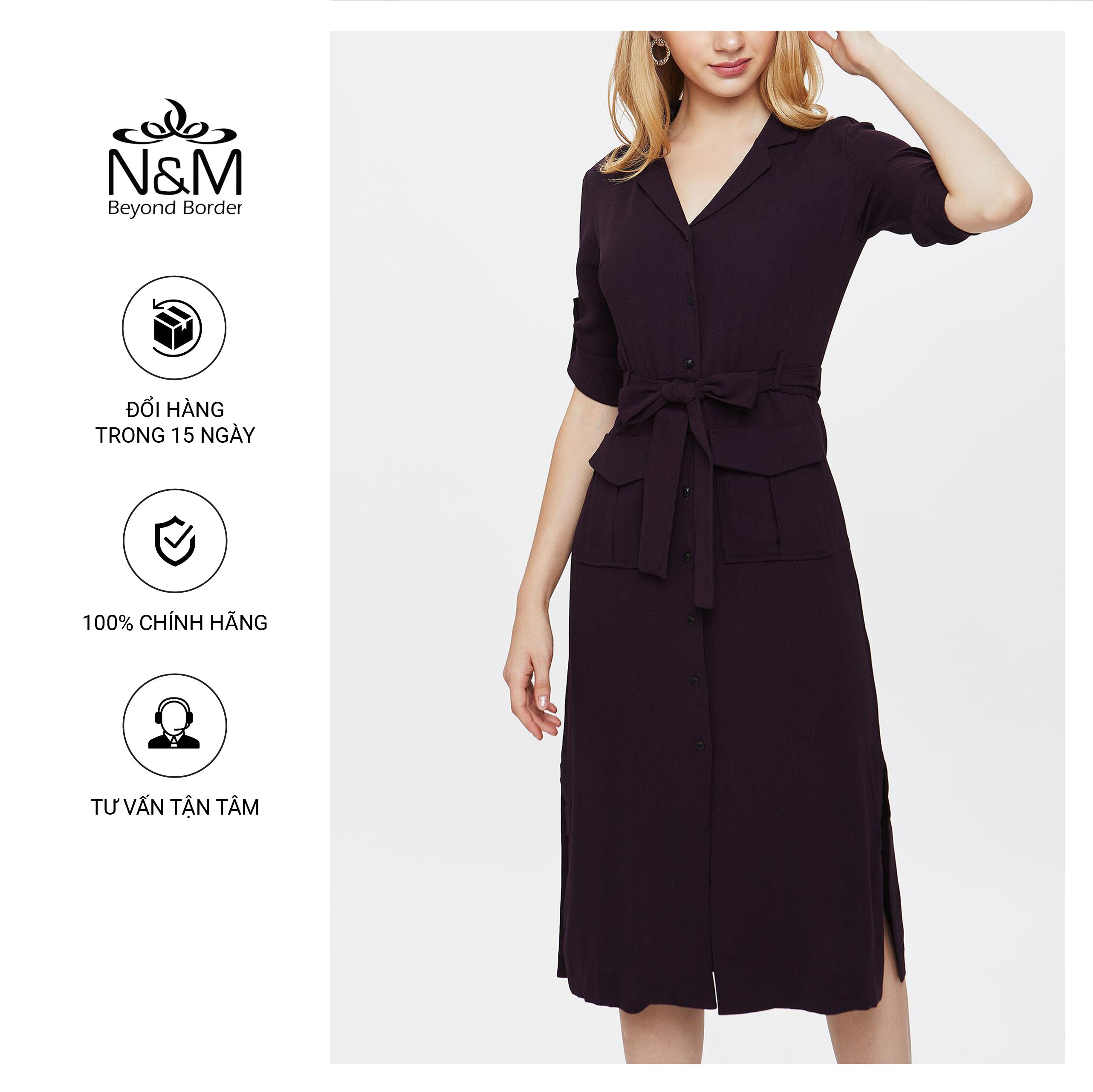 Đầm Nữ công sở tay ngắn cổ tim dáng suông màu tím đậm N&amp;M  mã 1905161