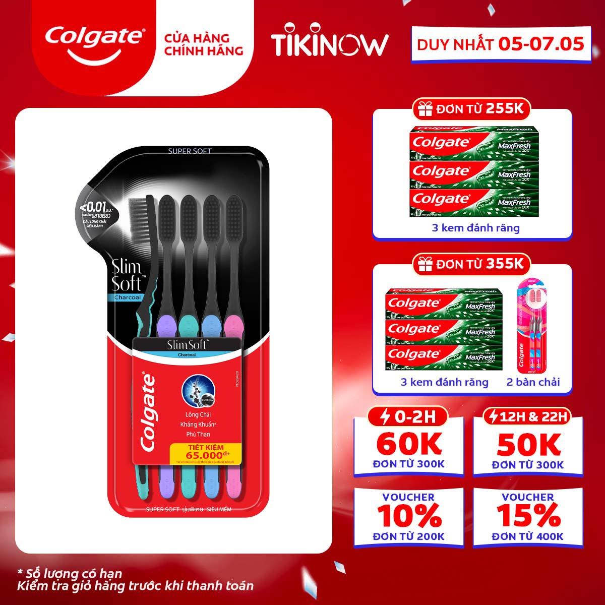 Bộ 5 Bàn chải đánh răng Colgate than hoạt tính kháng khuẩn SlimSoft Charcoal mềm mảnh